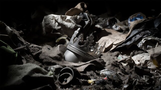 A damaged metallic crown discarded among scattered waste, captured. power decline, leadership and corruption, luxury branding critique, symbolic advertising, social commentary visuals