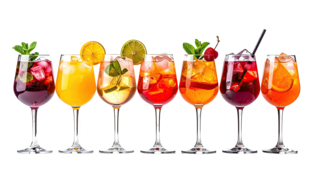 Seven colorful cocktails lined up against a black background