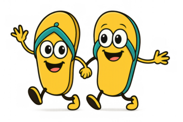 Happy cartoon flip-flops walking together, depicting friendship, summer, and beach vacation footwear on transparent background