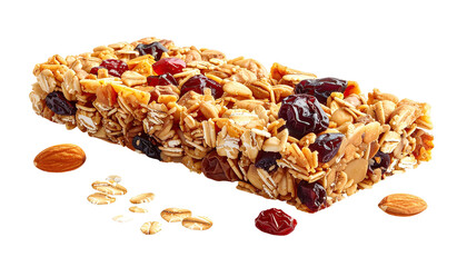 Granola bar with oats, cranberries, almonds on black background