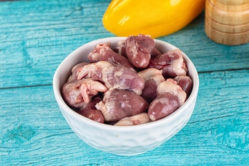Raw chicken hearts for cooking
