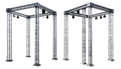Two metal truss structures, each with attached spotlights