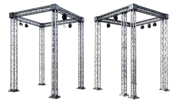 Two metal truss structures, each with attached spotlights