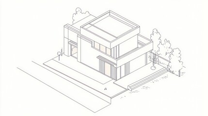 Isometric house architectural rendering with trees, street, and steps on white background