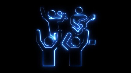 Neon glowing abstract figures of a rock band performing live with cheering crowd hands raised in celebration a