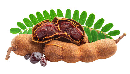 Tamarind pods, one split open, with dark pulp and green leaves