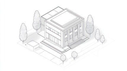 Isometric drawing of a building with trees on a flat surface for architectural use