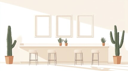 Interior design, minimalist cafe, empty bar counter, blank frames, sunlit space, interior design,  use for prints, posters or stock