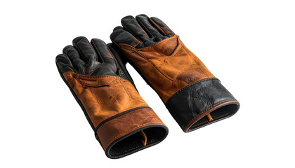 Leather gloves, brown palm/fingers, black cuffs, isolated