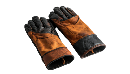 Leather gloves, brown palm/fingers, black cuffs, isolated