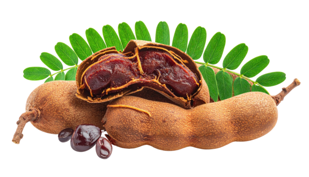 Tamarind pods, one split open, with dark pulp and green leaves