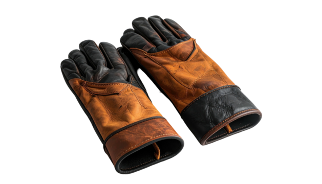 Leather gloves, brown palm/fingers, black cuffs, isolated