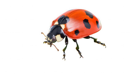 Close up of a vibrant red ladybug with black spots on a stark on transparent background