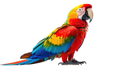 Vivid scarlet macaw stands, colorful plumage, bright eye