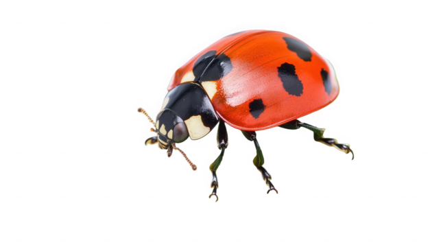 Close up of a vibrant red ladybug with black spots on a stark on transparent background