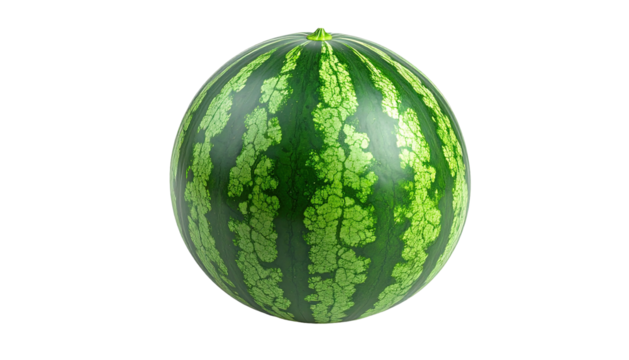Round, green watermelon with dark stripes against black background