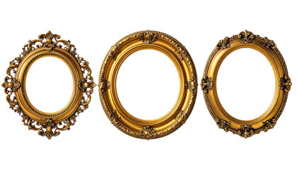 Three ornate golden picture frames on a stark black background