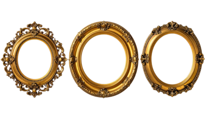 Three ornate golden picture frames on a stark black background