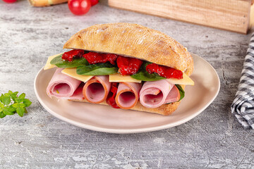 Ciabatta with mortadella, tomato, cheese and spinach