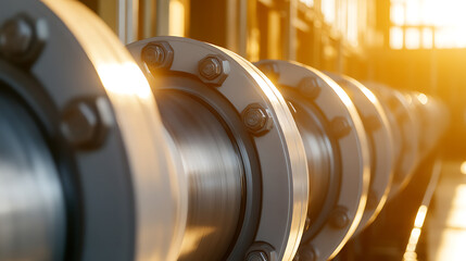 A close up of an industrial metal pipeline, highlighting the bolted flanges under warm lighting. Focus is on the seamless construction and sturdy connection points of the piping system.
