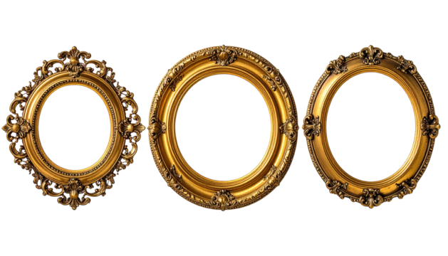 Three ornate golden picture frames on a stark black background