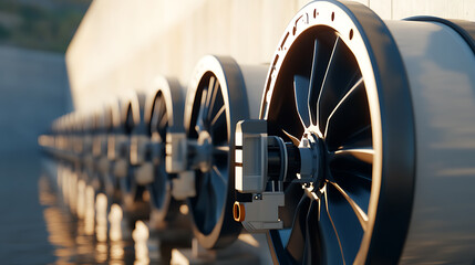 A neat row of turbines in a golden light. The structures are identical, each one a testament to precision engineering. The view is from a low angle, emphasizing their repetitive pattern.