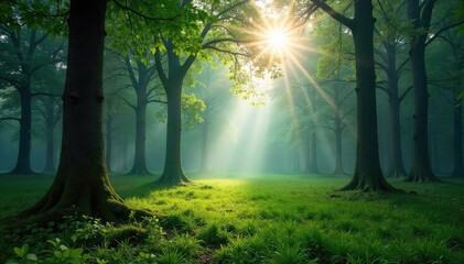 Obraz premium Misty morning in a Carpathian forest Sunlight filters through ancient trees, illuminating a lush, green landscape Tranquil scene of untouched nature , calm, shadow, plants