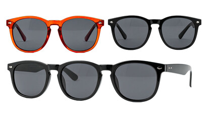 Assorted sunglasses. Round frame styles, black and orange colors
