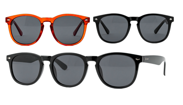 Assorted sunglasses. Round frame styles, black and orange colors