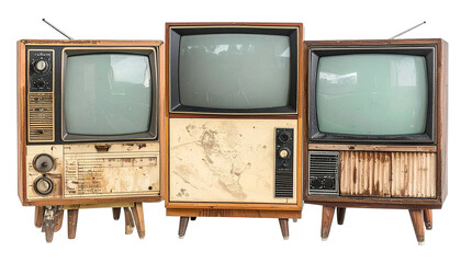 Three antique televisions, each with a wooden cabinet and legs