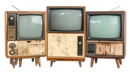 Three antique televisions, each with a wooden cabinet and legs