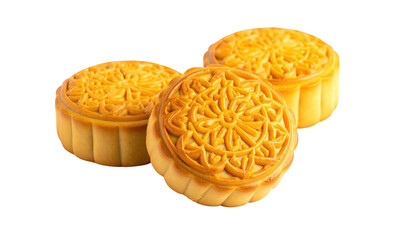 Three ornate, golden mooncakes against a solid black backdrop