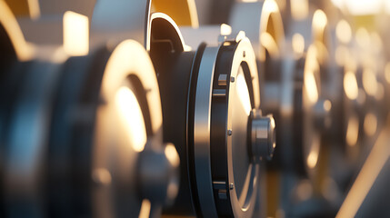 Detailed close-up of industrial machinery. Gears and metallic components bathed in warm light. Focus on precision and robust engineering for industrial applications.