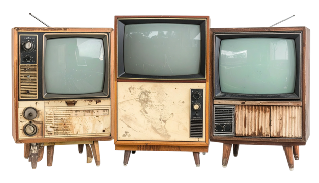 Three antique televisions, each with a wooden cabinet and legs