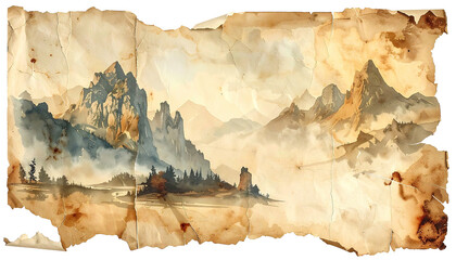 Old, tattered map shows mountainous landscape watercolor style