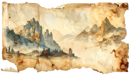 Old, tattered map shows mountainous landscape watercolor style