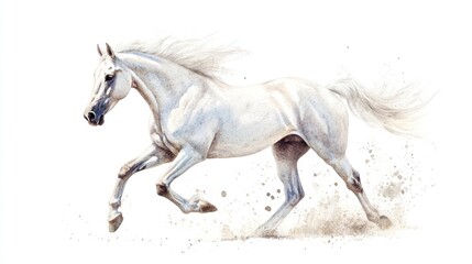 White horse galloping, sand, white background, equine art, stock photo