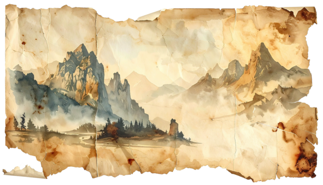 Old, tattered map shows mountainous landscape watercolor style
