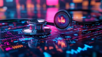 Modern stethoscope placed on glowing futuristic digital interface, medical innovation, healthcare technology, diagnostics, data science, and the evolution of telemedicine and smart medical devices. - Powered by Adobe