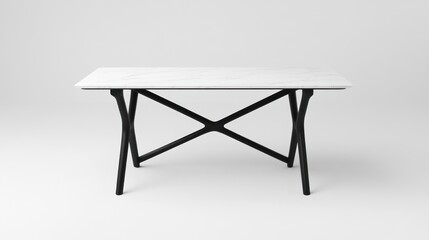Minimalist square table with marble top and black metal legs on white background for interior design