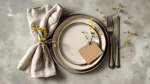 Rustic table setting with vintage wooden cutlery tied with string, linen napkin, ceramic plates, and yellow wildflowers on a textured stone background. Natural, minimal, organic style - Powered by Adobe