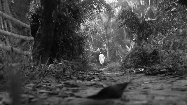 Cinematic black and white low angle ground level view of a rural village dirt path surrounded by dense forest trees and bamboo fences featuring a man walking away in distance depicting traditional