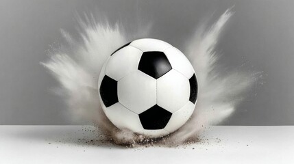 Soccer ball in motion creating a dynamic splash of dust and debris, showcasing the energy and excitement of the game, perfect for sports enthusiasts and action photography lovers