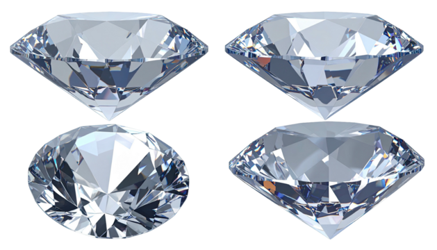 Four clear, faceted gemstones, set against a black background