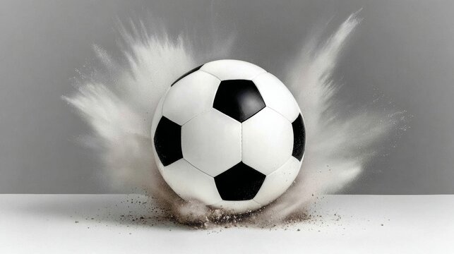 Soccer ball in motion creating a dynamic splash of dust and debris, showcasing the energy and excitement of the game, perfect for sports enthusiasts and action photography lovers - Powered by Adobe