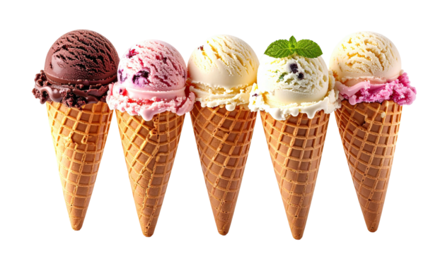 Five ice cream cones, arrayed, variety of flavors and colors