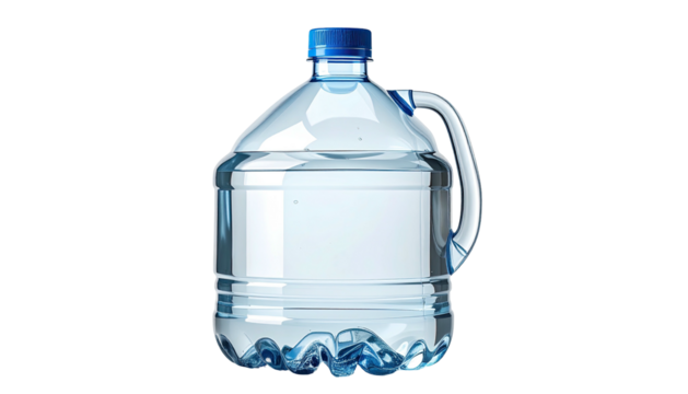 Water-filled plastic jug with blue cap and handle on dark background