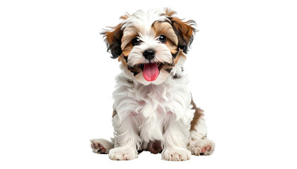 Cute, fluffy multi-color puppy sits happily, tongue sticking out