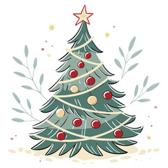 Green pine Christmas tree illustration with snow, stars, and ornaments on a blue winter background for holiday celebration