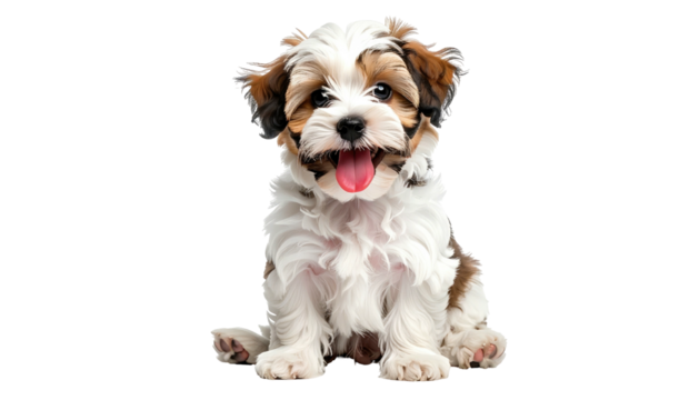 Cute, fluffy multi-color puppy sits happily, tongue sticking out